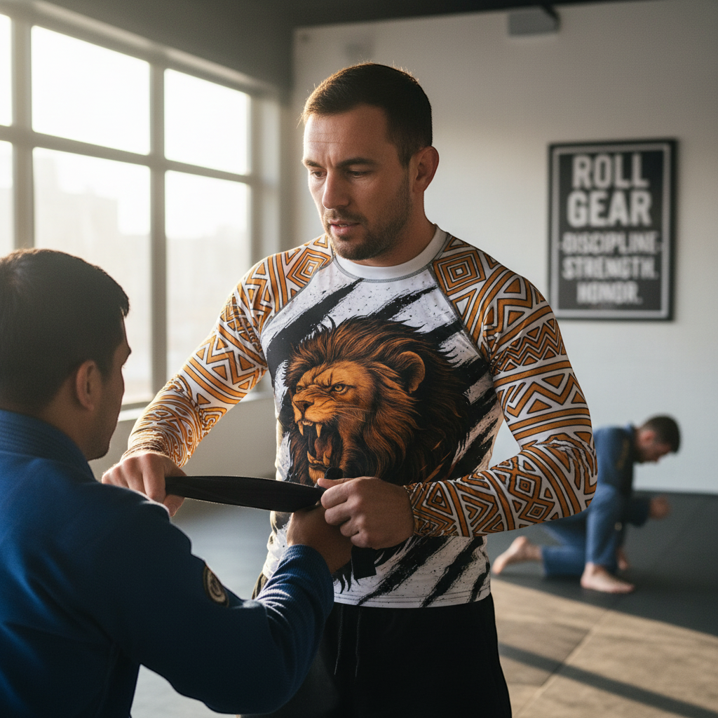 Roll Gear – Lion’s Pride Men’s Long Sleeve Rash Guard – White & Gold