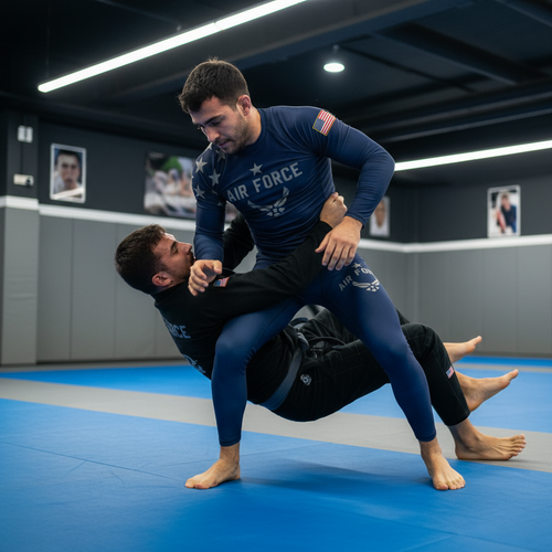 Two individuals in Air Force uniforms practicing a grappling move on a blue mat.