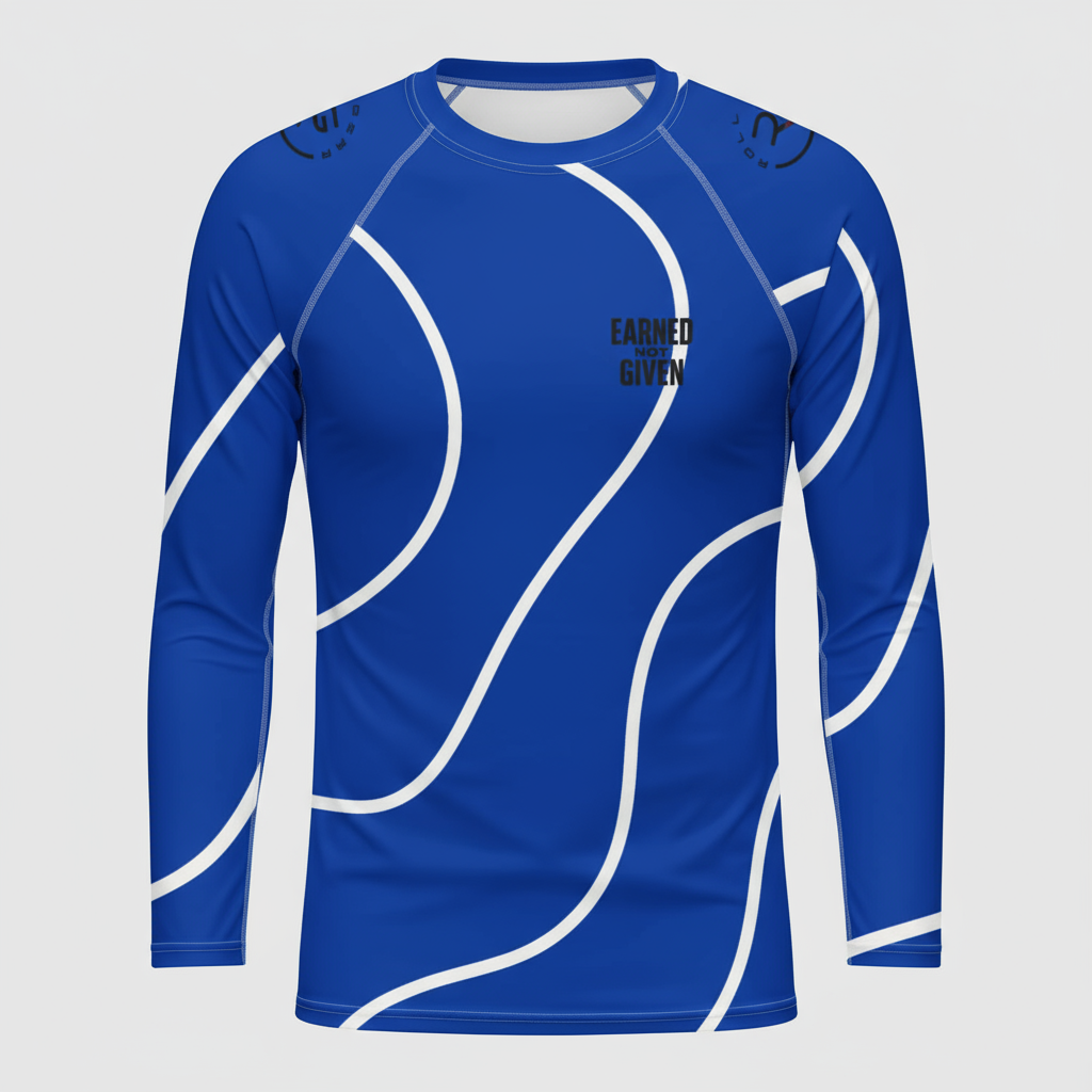 Blue athletic long-sleeve shirt with white patterns on a gray background