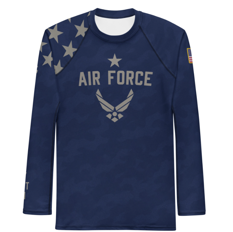 Air Force Guardian Edition long sleeve BJJ rash guard – durable, patriotic no-gi training gear by Roll Gear LLC - roll gear