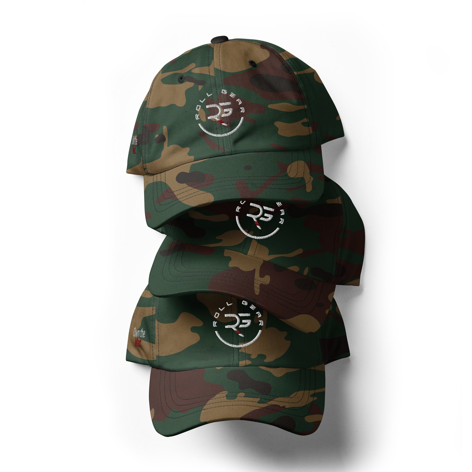 Roll Gear green camo dad hat – front view with curved visor
