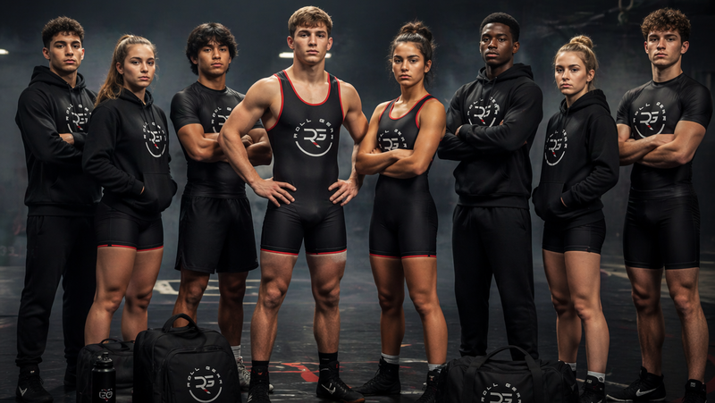 Group of athletes in athletic wear with 'Gear for Teams Built to Win' text on a dark background