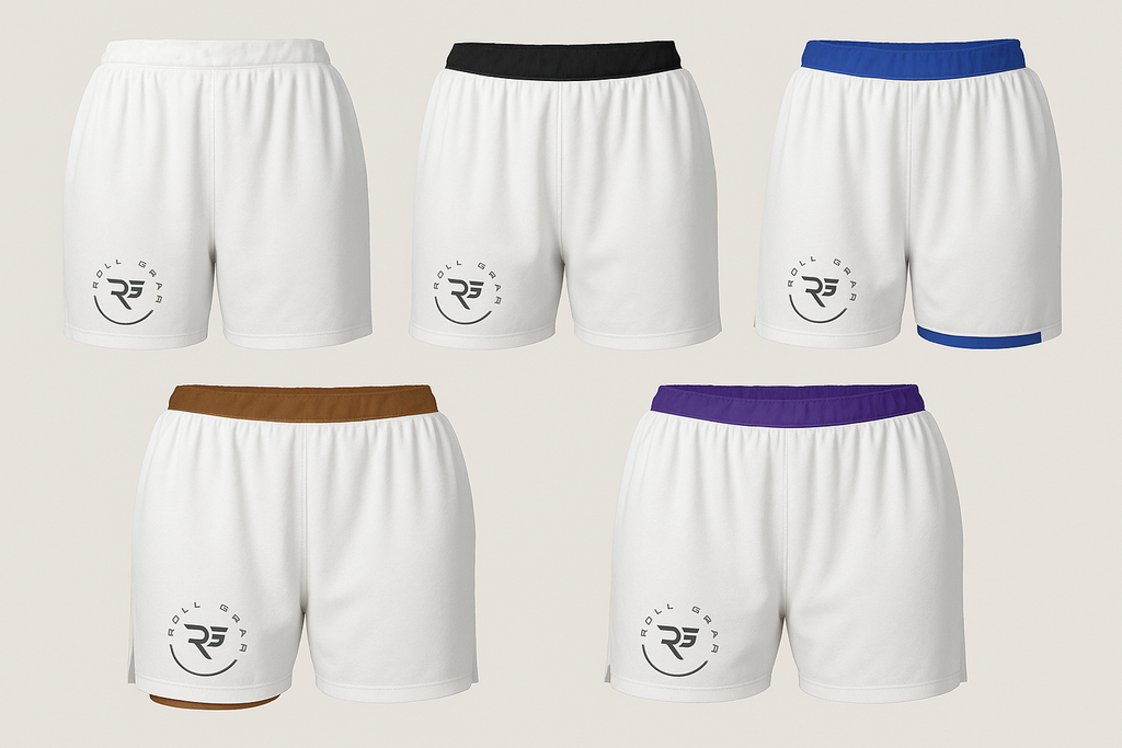Women’s 2-in-1 BJJ ranked shorts with curved hem, wave design, and Roll Gear logo – compression-lined grappling shorts built for mobility, durability, and Brazilian Jiu-Jitsu athletes