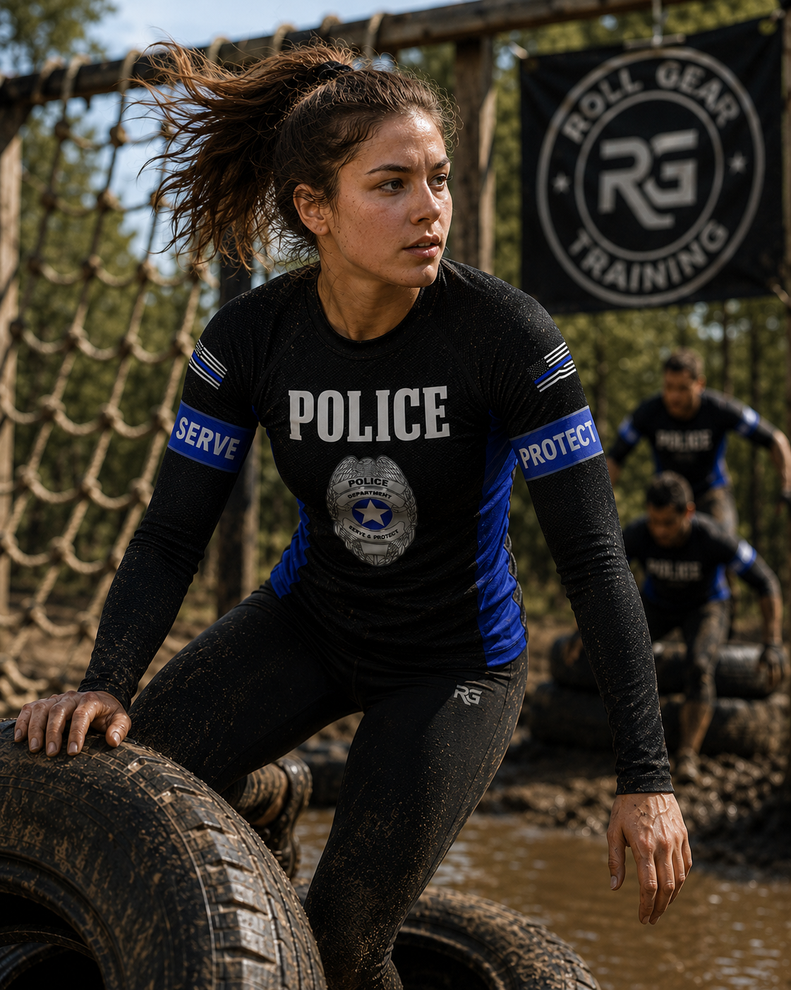 Roll Gear – Women’s Police Edition Rash Guard – Black & Thin Blue Line – Premium Compression Fit (Long Sleeve)