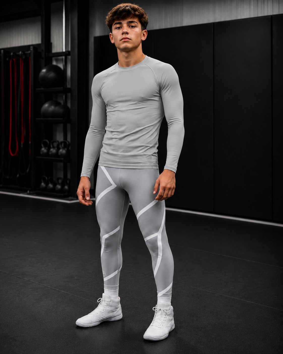 Person wearing a gray athletic outfit with white accents in a gym setting