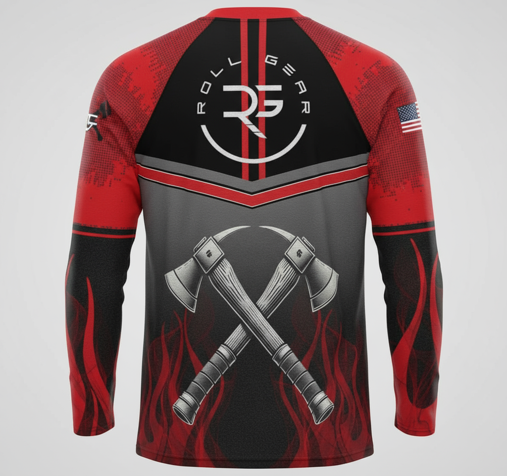 Long-sleeve shirt with red, black, and gray design featuring crossed axes and a logo on a white background.