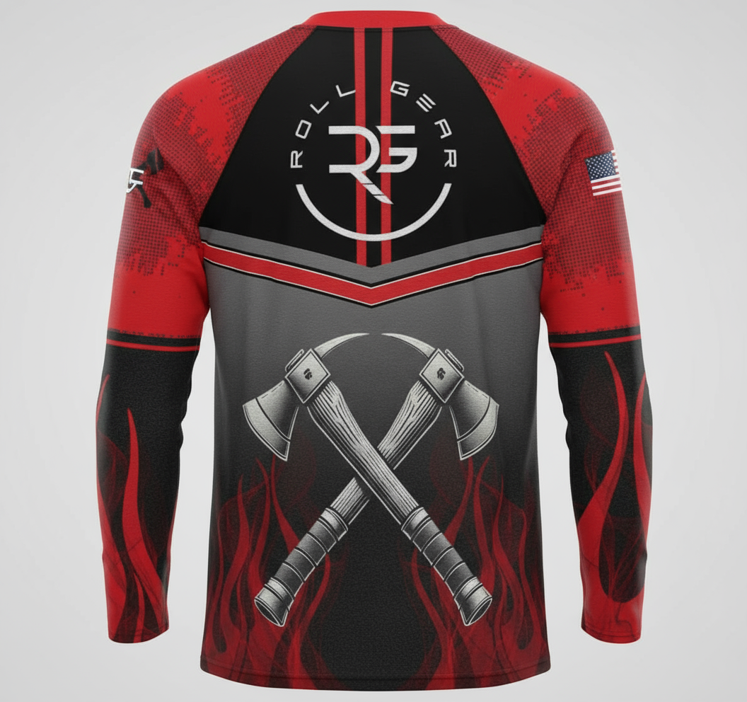 Long-sleeve shirt with red, black, and gray design featuring crossed axes and a logo on a white background.