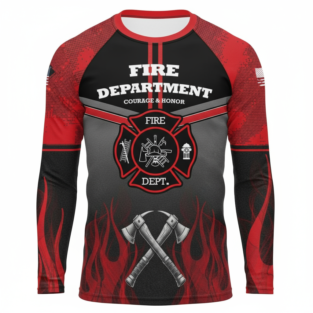 Fire department-themed long-sleeve shirt with red, black, and gray design on a white background