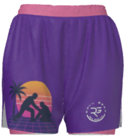 Purple shorts with a retro design featuring two figures, a palm tree, and a sunset on a white background.