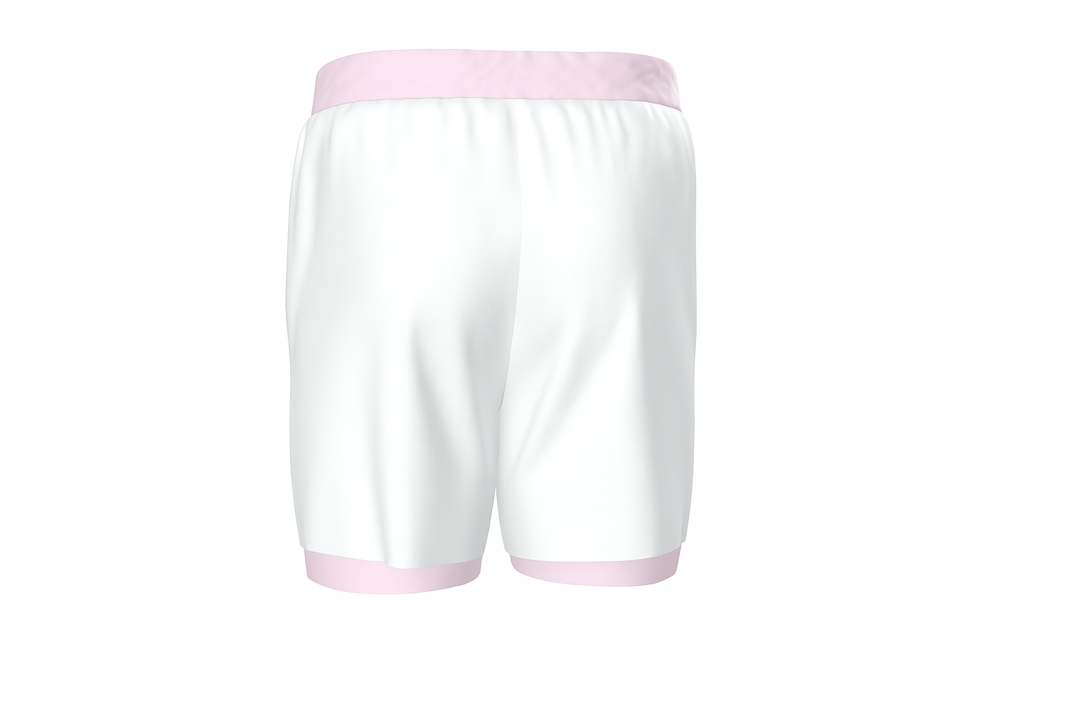 Back view of Roll Gear kid’s white 2-in-1 shorts with pink trim, featuring a smooth fit and elastic waistband for comfort and movement.
