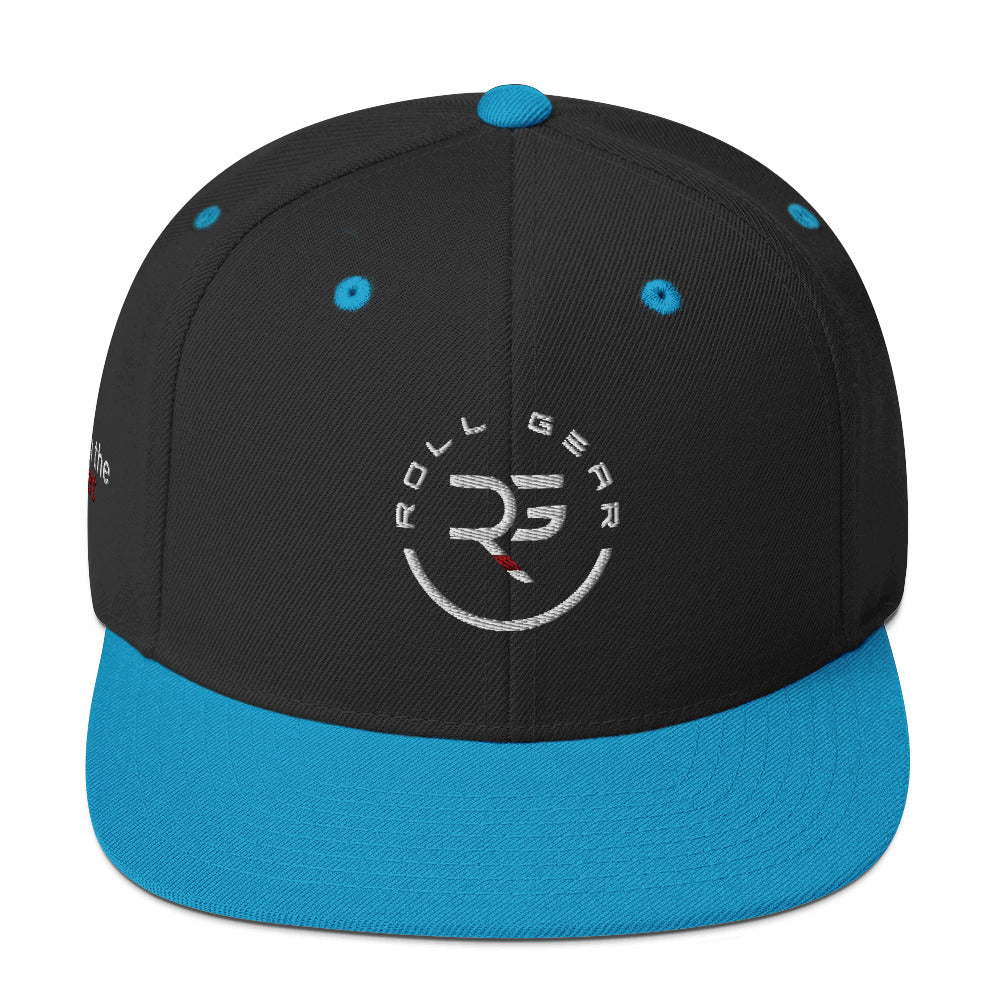 Roll Gear light blue snapback hat – front view, high-profile fit with flat brim and embroidered logo