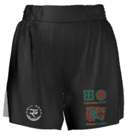 Front view of Roll Gear Aztec Men’s Fight Shorts with tribal warrior designs