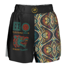 Front view of Roll Gear Men’s Fight Shorts with Aztec tribal design