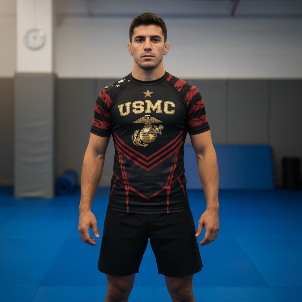USMC Fear None Short Sleeve Rash Guard - Military BJJ & MMA Compression Shirt