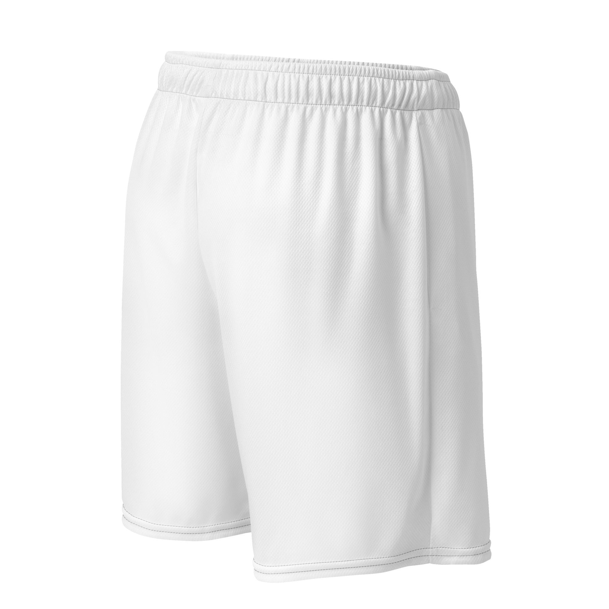 Back view of Roll Gear men’s all-white mesh shorts showing smooth recycled polyester construction and relaxed fit with elastic waistband.