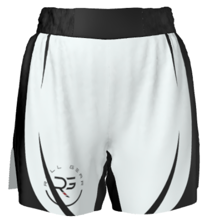 Black and white BJJ ranked shorts with bold wave design and Roll Gear logo – elite 2-in-1 compression training shorts designed for mobility, durability, and black belt grapplers