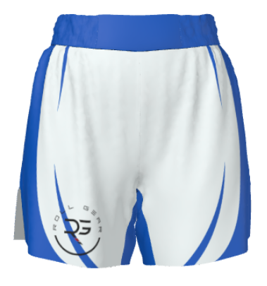 Blue and white BJJ ranked shorts with wave design and Roll Gear logo – lightweight, 2-in-1 grappling shorts with side slits for unrestricted movement and belt rank recognition

