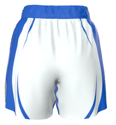 Back view of blue and white BJJ ranked shorts featuring wave design and Roll Gear branding – 2-in-1 compression liner shorts built for durability, flexibility, and Brazilian Jiu-Jitsu performance
