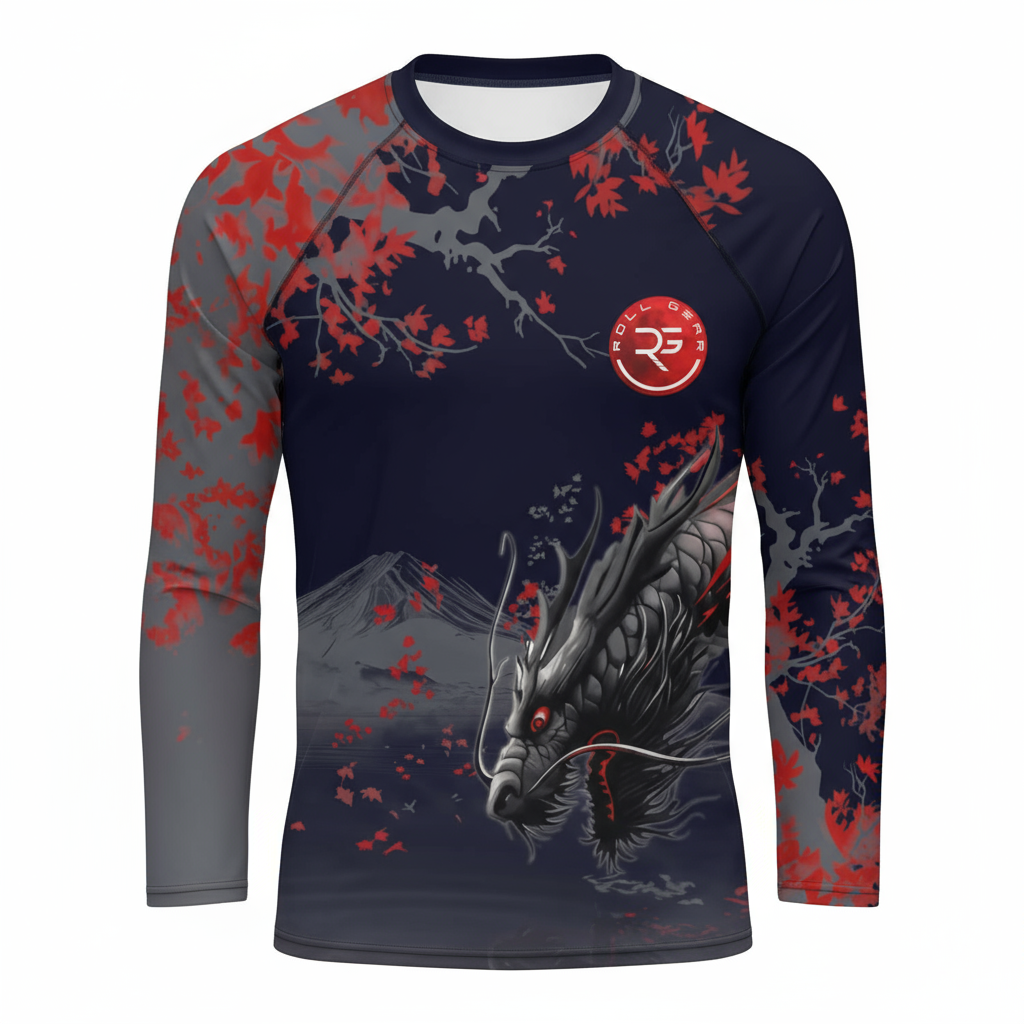 Long-sleeve shirt with dragon design and red logo on a white background