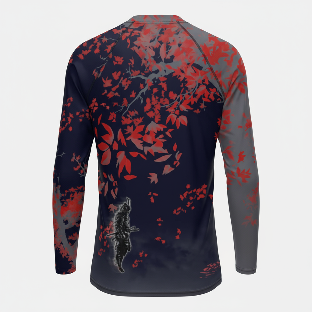 Long-sleeve shirt with red and gray floral pattern on a white background