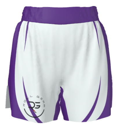 Purple and white BJJ ranked shorts with wave design and Roll Gear logo – premium 2-in-1 compression liner shorts designed for flexibility, durability, and ranked grappling performance