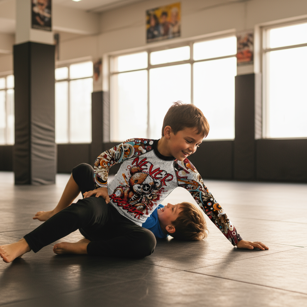 Never Accept Defeat Youth BJJ Rash Guard - Kids Motivational Training Gear