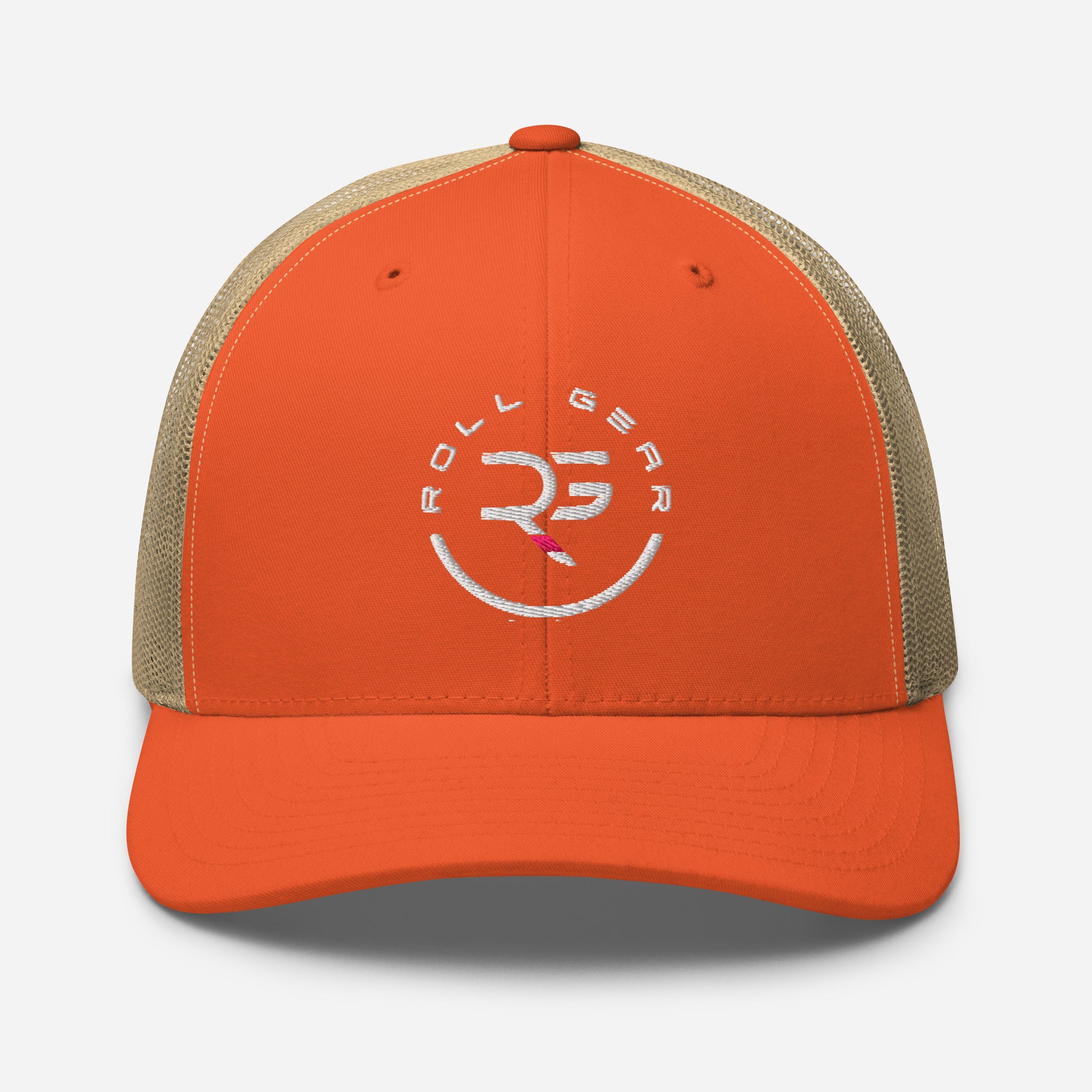 Orange Roll Gear mesh trucker hat with contrasting front panel and athletic fit roll gear