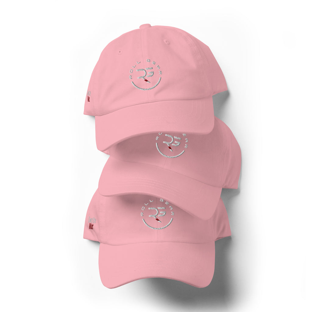Roll Gear pink dad hat – front view, soft chino twill finish