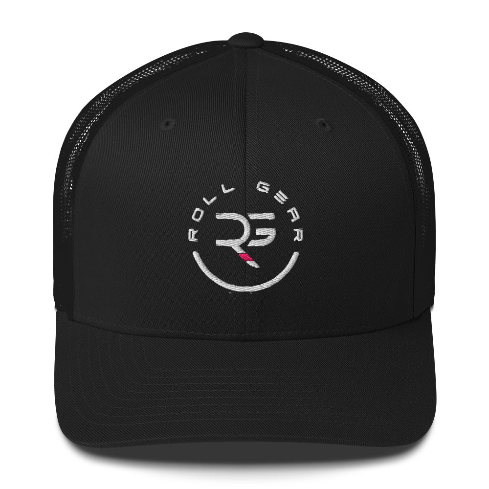  Pink Roll Gear trucker hat with white mesh back and embroidered RG logo
