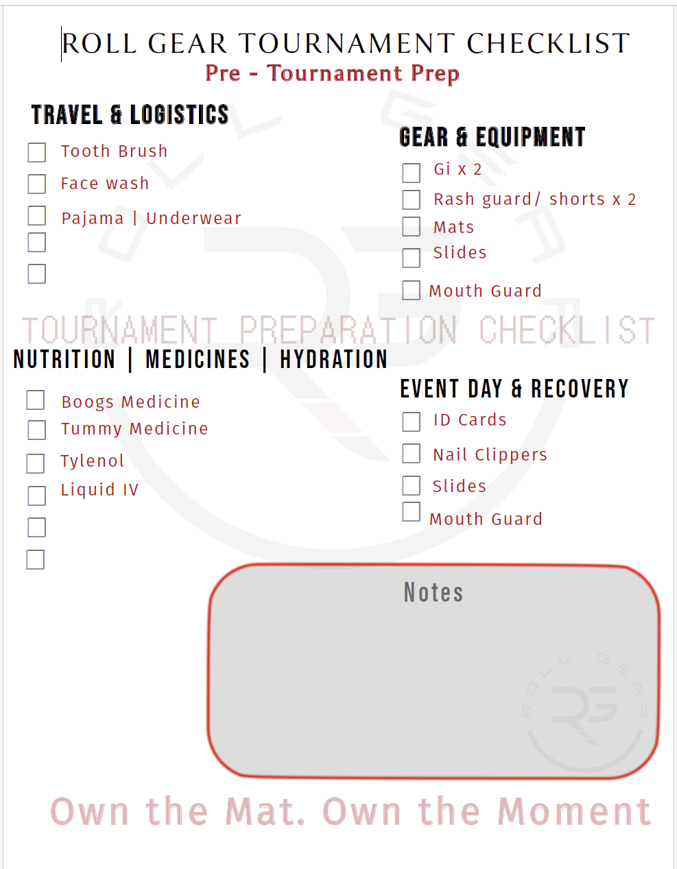 Competition Day Checklist by Roll Gear