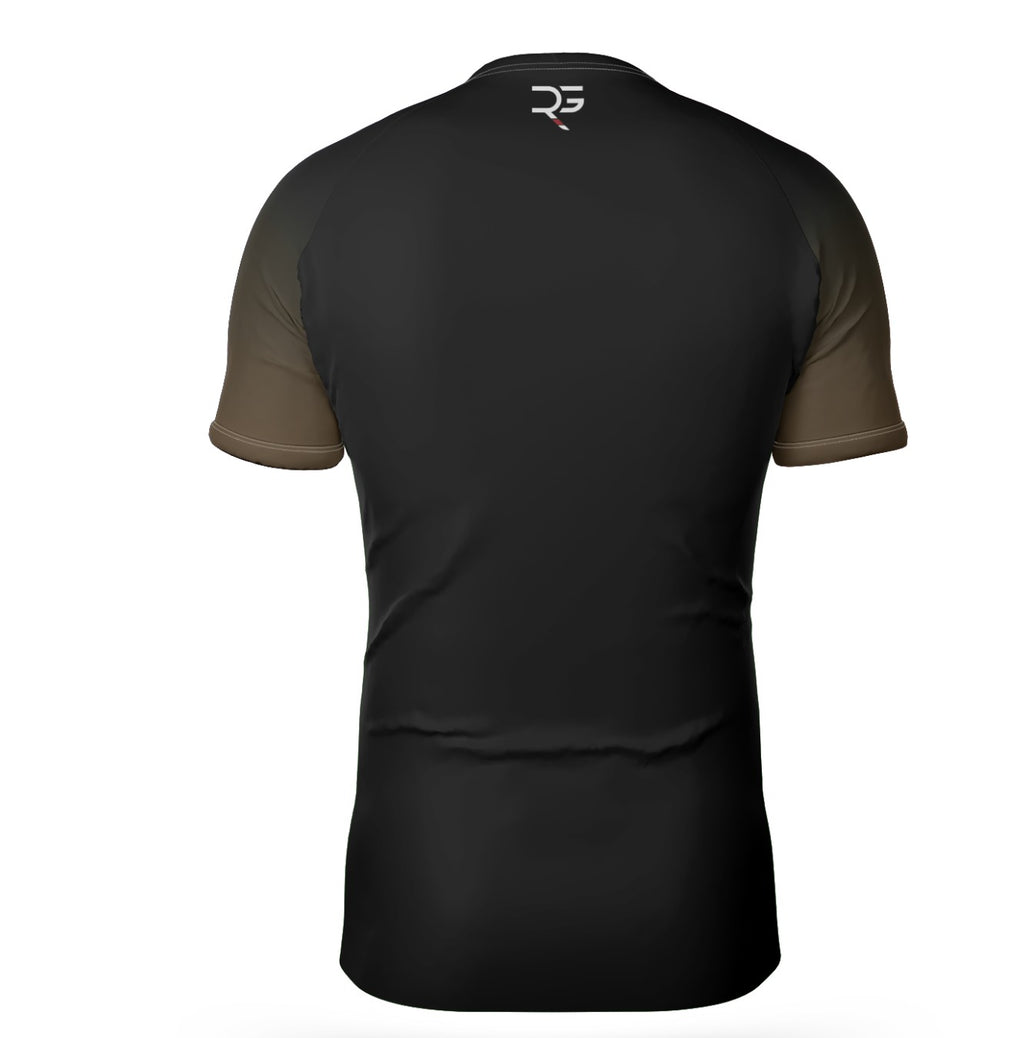Brown belt BJJ rash guard for no-gi training and competition. Short sleeve, black base with clean brown rank stripe, designed for elite grapplers. IBJJF compliant rash guard from Roll Gear, perfect for advanced practitioners. Roll Gear. Roll Gear LLC