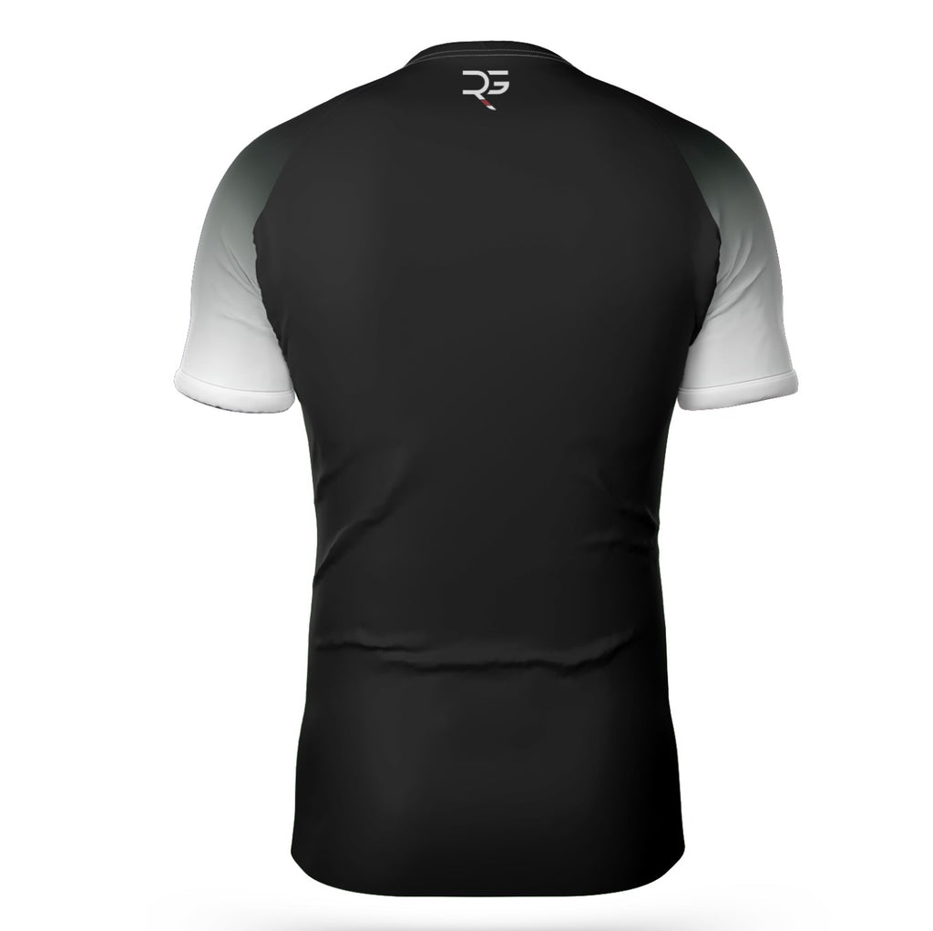 Back view of short sleeve ranked rash guard showing durable seams, rank-specific color blocking, and “Own the Mat. Own the Moment.” slogan. Perfect for adult jiu-jitsu competitors and gym training.
