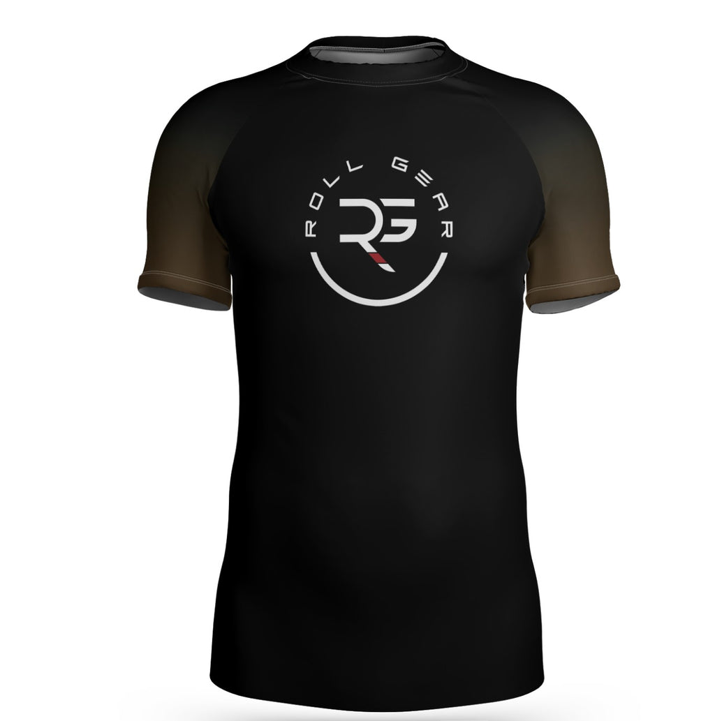 Close-up of short sleeve BJJ rash guard showing reinforced flatlock stitching, breathable compression material, and high-quality sublimated colors that meet competition standards. Roll Gear. Roll Gear LLC