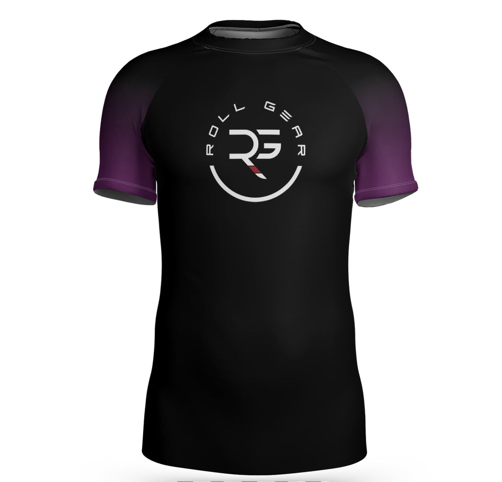 IBJJF-approved purple belt rash guard with short sleeves, a compression fit, and distinctive purple chest panel. Ideal for intermediate grapplers training no-gi or competing in tournaments. Trusted jiu-jitsu apparel by Roll Gear LLC.