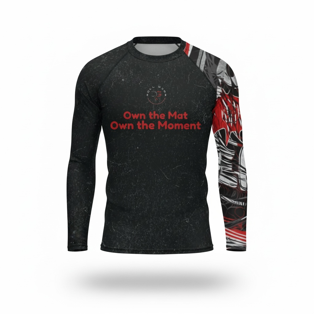 Black athletic shirt with red text 'Own the Mat Own the Moment' on a white background