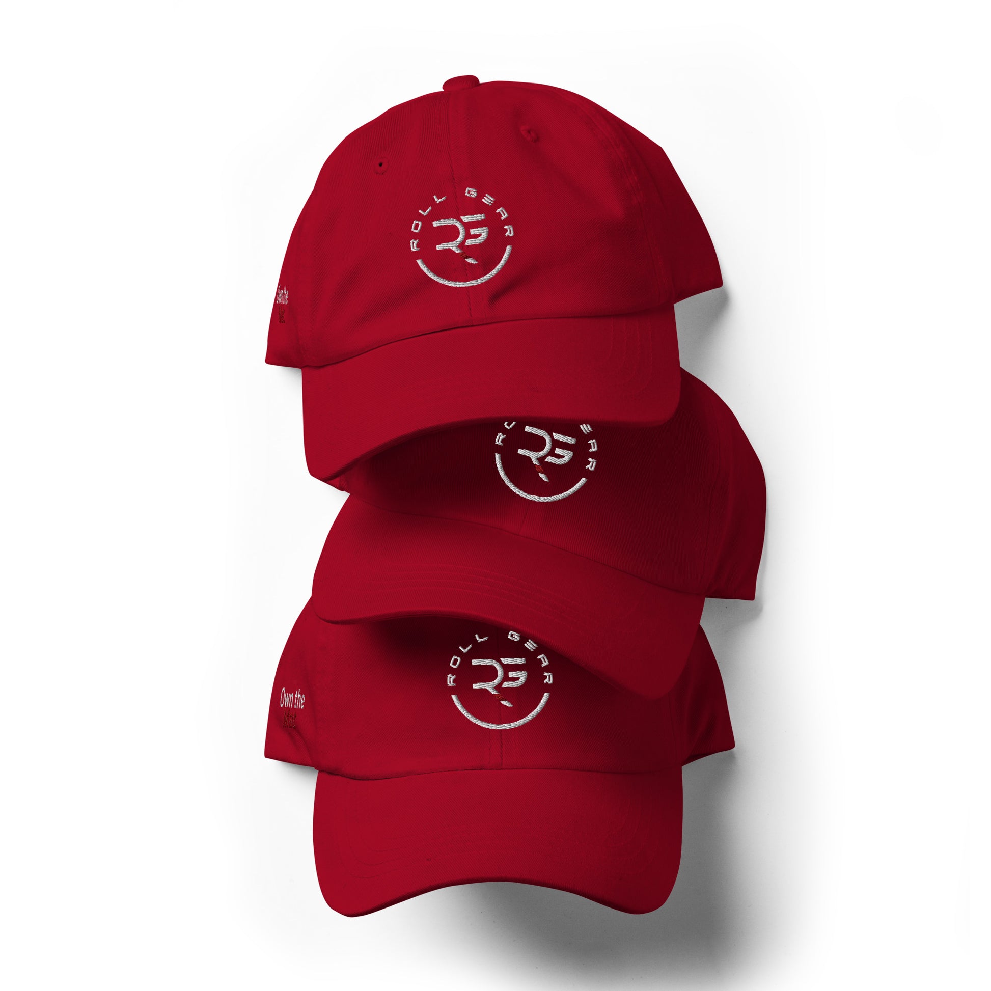 Roll Gear red dad hat – front view, low-profile curved visor
