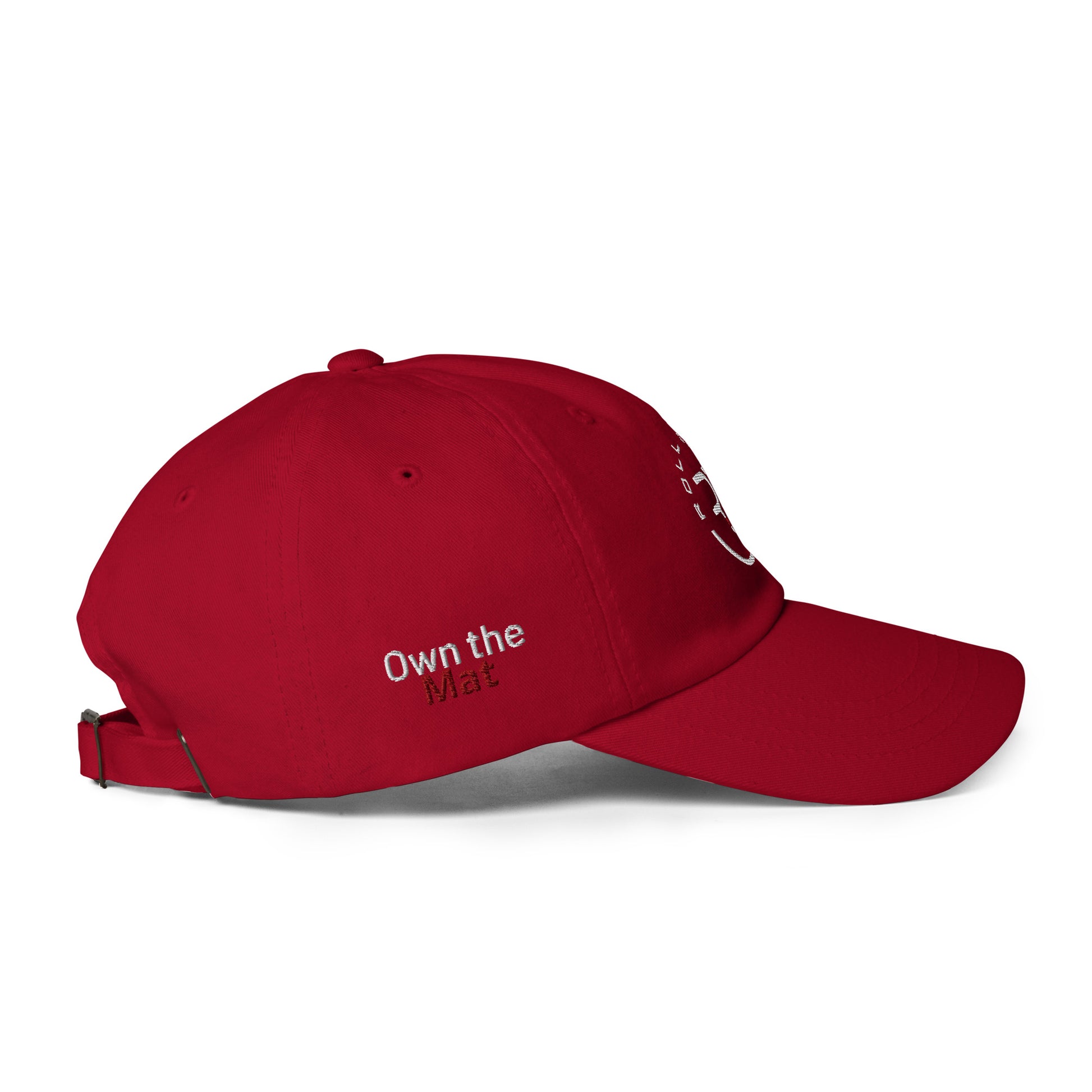 Roll Gear red dad hat – back view with adjustable strap and buckle