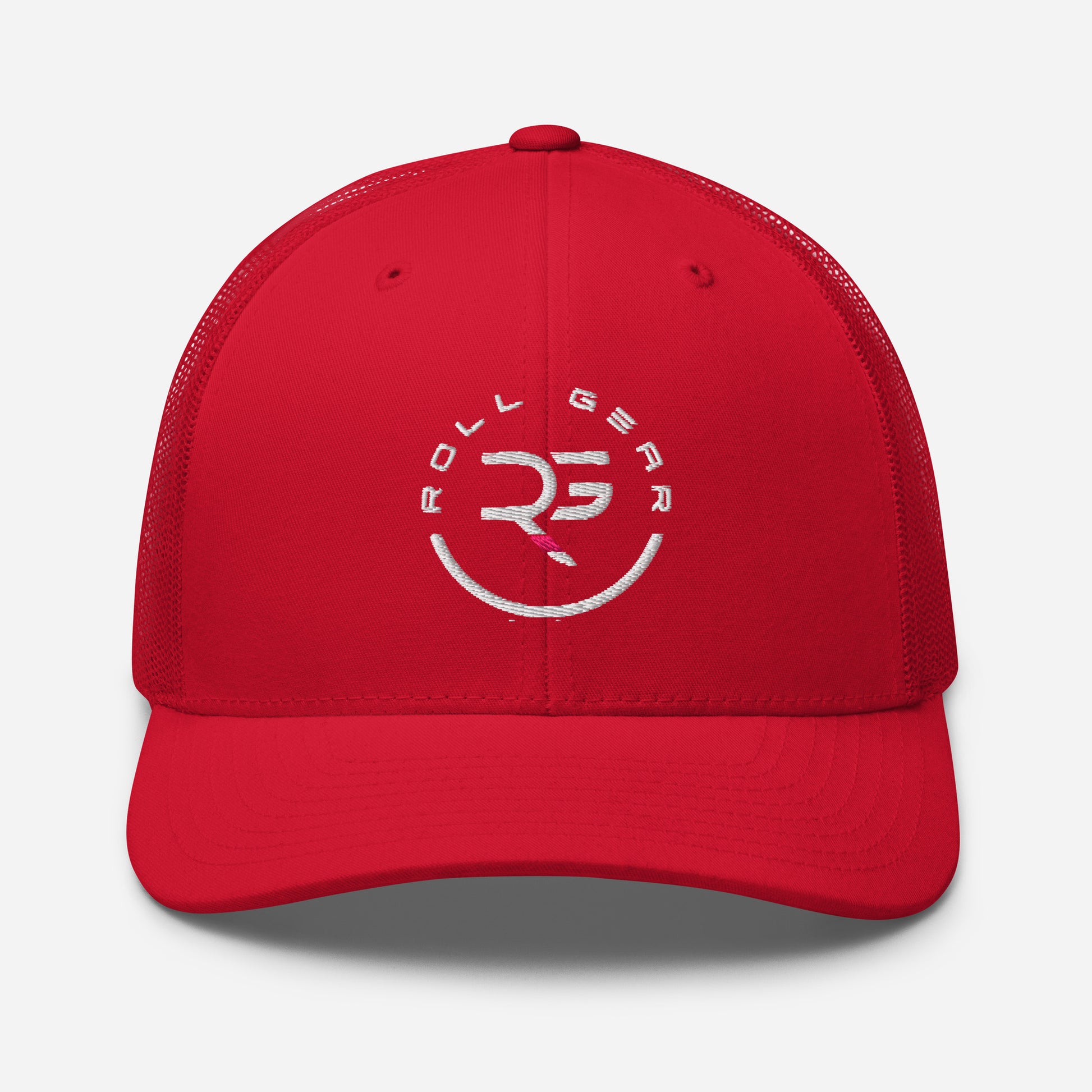 Red Roll Gear trucker hat with structured front and breathable mesh back