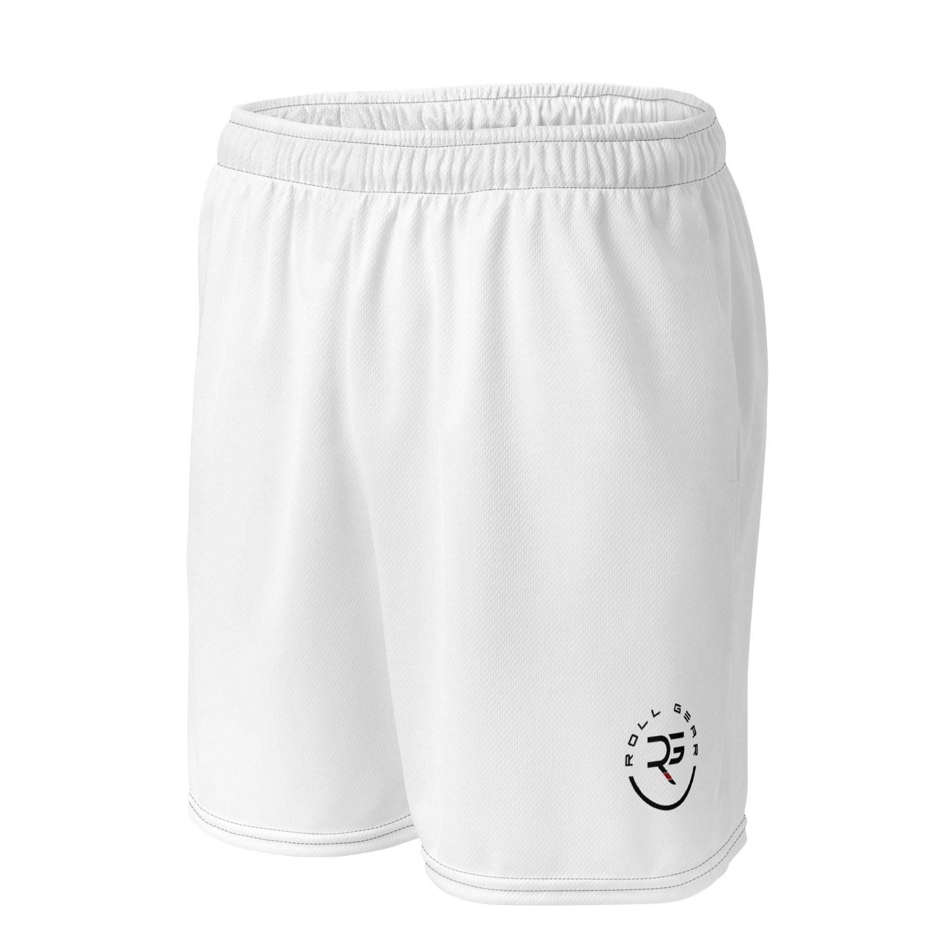 Front view of men’s all-white mesh training shorts with elastic waistband and breathable recycled fabric, designed for workouts and all-day comfort.