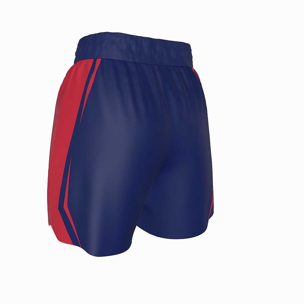 Back view of Roll Gear retro fight shorts featuring elastic waistband and angled red stripe accents, ideal for grappling and combat sports.