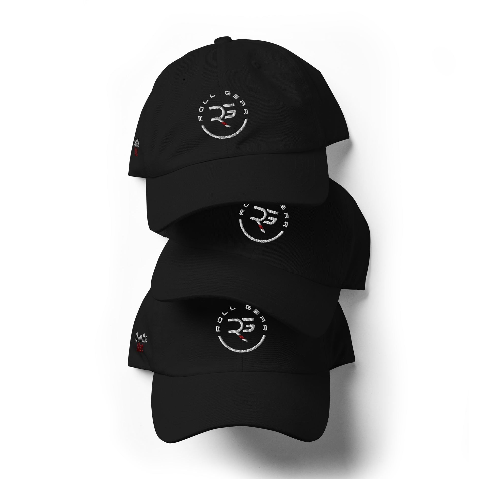 Roll Gear black dad hat – front view, embroidered logo visible