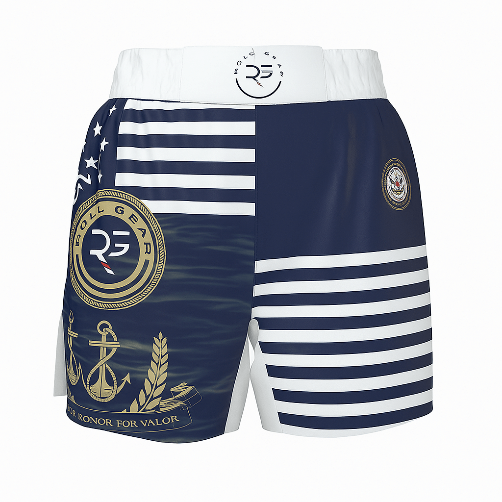 U.S. Navy-themed grappling shorts – front view with Roll Gear logo and anchors by Roll Gear.
