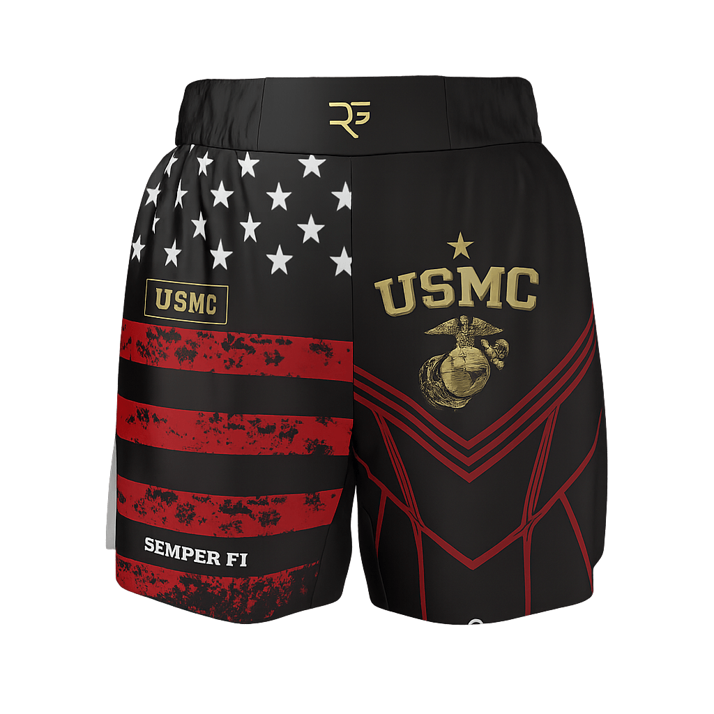 USMC grappling shorts – front view with American flag and Eagle, Globe, and Anchor design by Roll Gear.