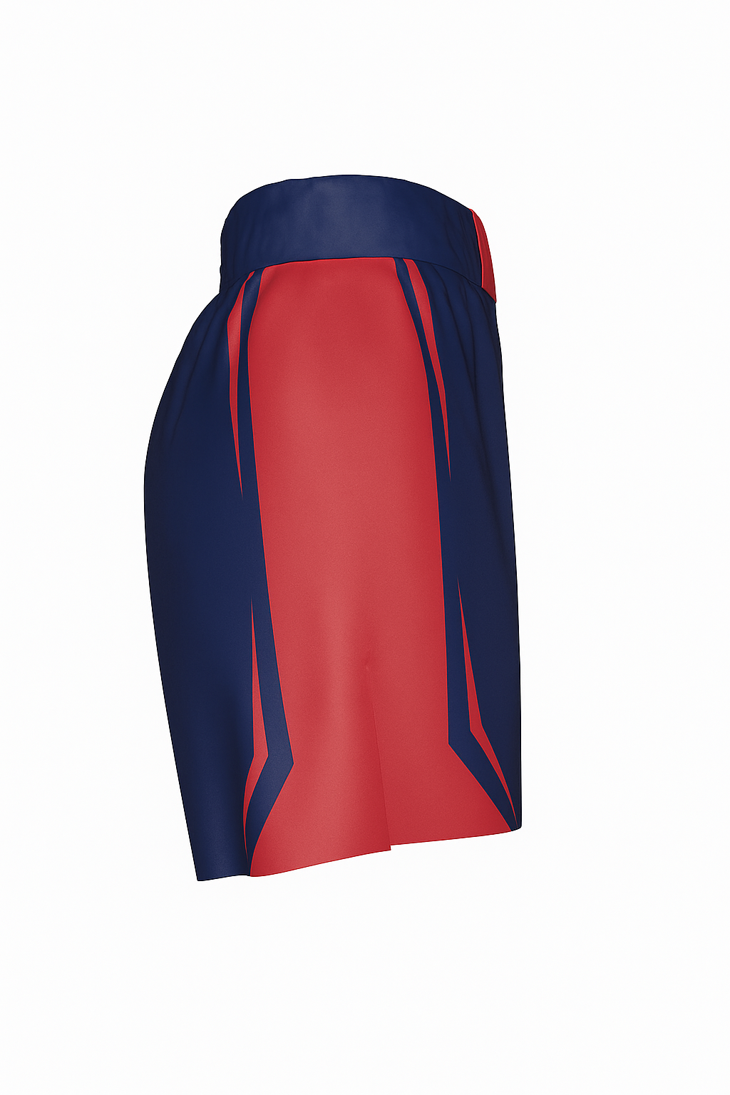 Side view of Roll Gear retro fight shorts showing red vertical panel and diagonal navy stripe, designed for mobility in BJJ and MMA.