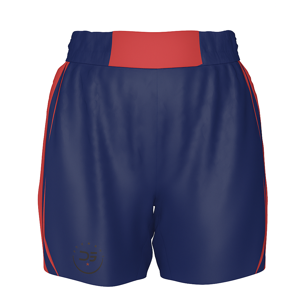 Front view of Roll Gear retro fight shorts in navy blue with rust red waistband and side stripes, designed for BJJ and MMA training.