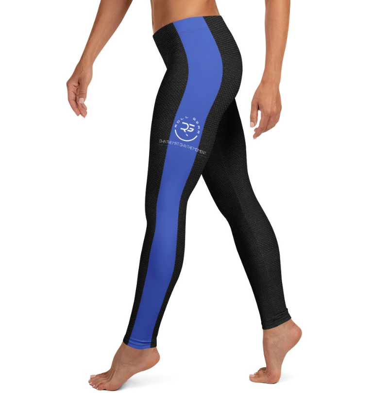 Side profile of Roll Gear Police MMA spats with contrasting blue stripe and “POLICE” text. Tactical BJJ compression tights made for grapplers, wrestlers, and combat athletes. Roll Gear LLC