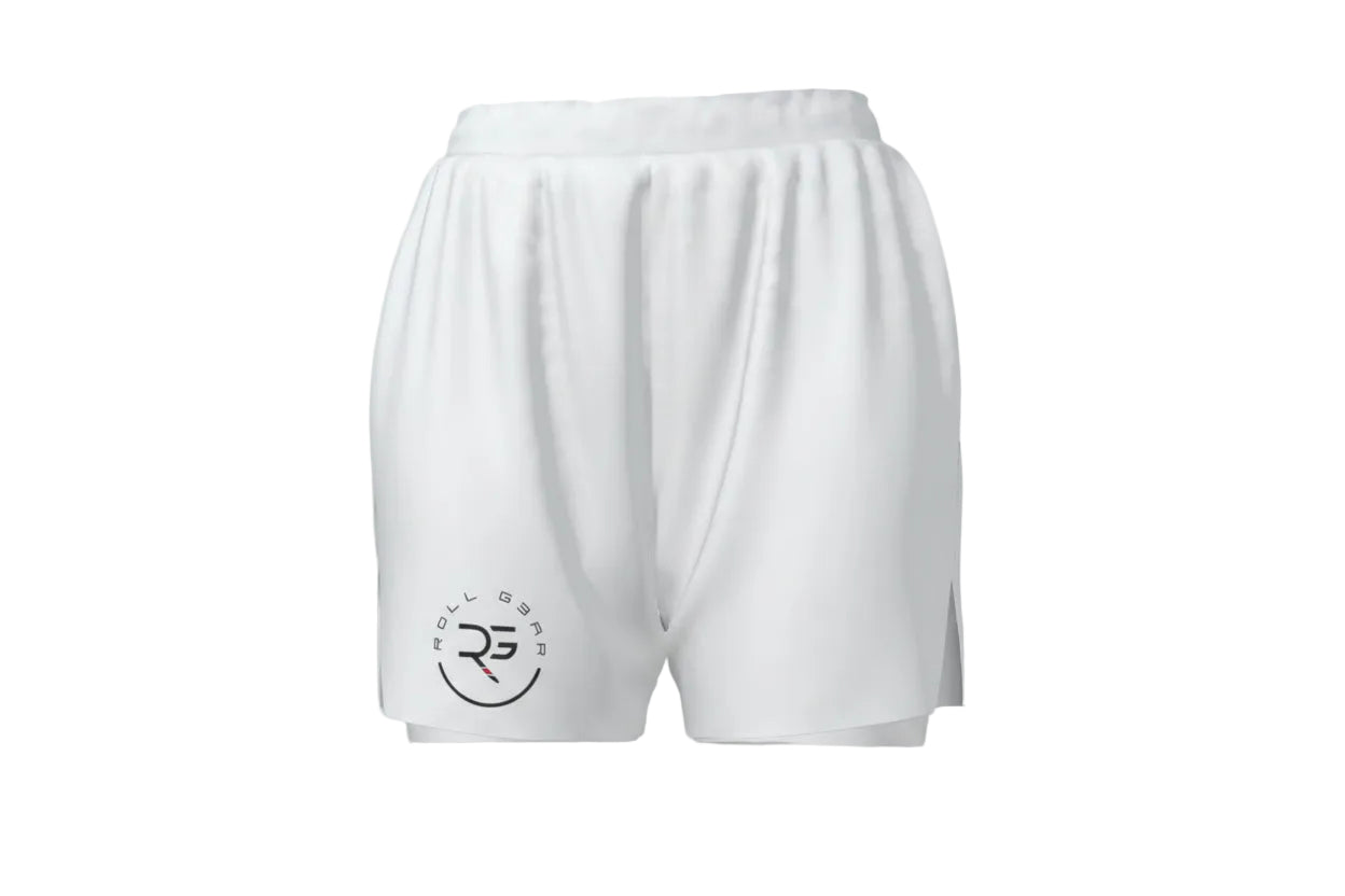 White shorts with a logo on a white background