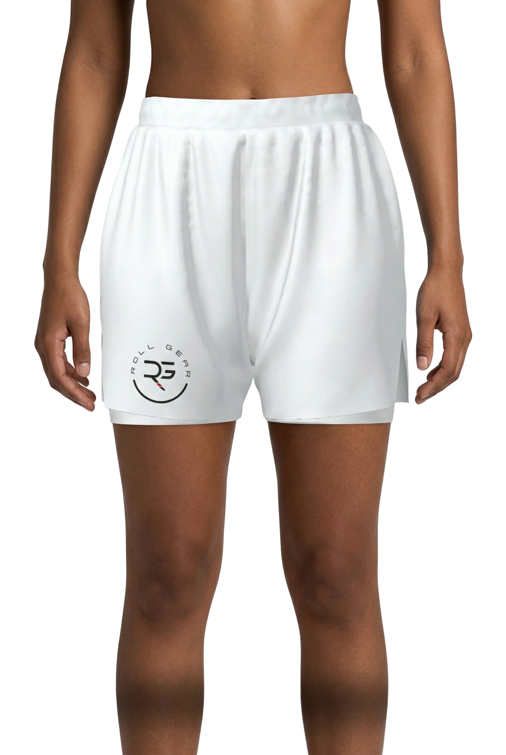 White athletic shorts with a logo on a gray background