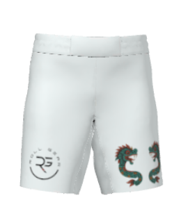 Front view of Youth White Fight Shorts with Aztec serpent design