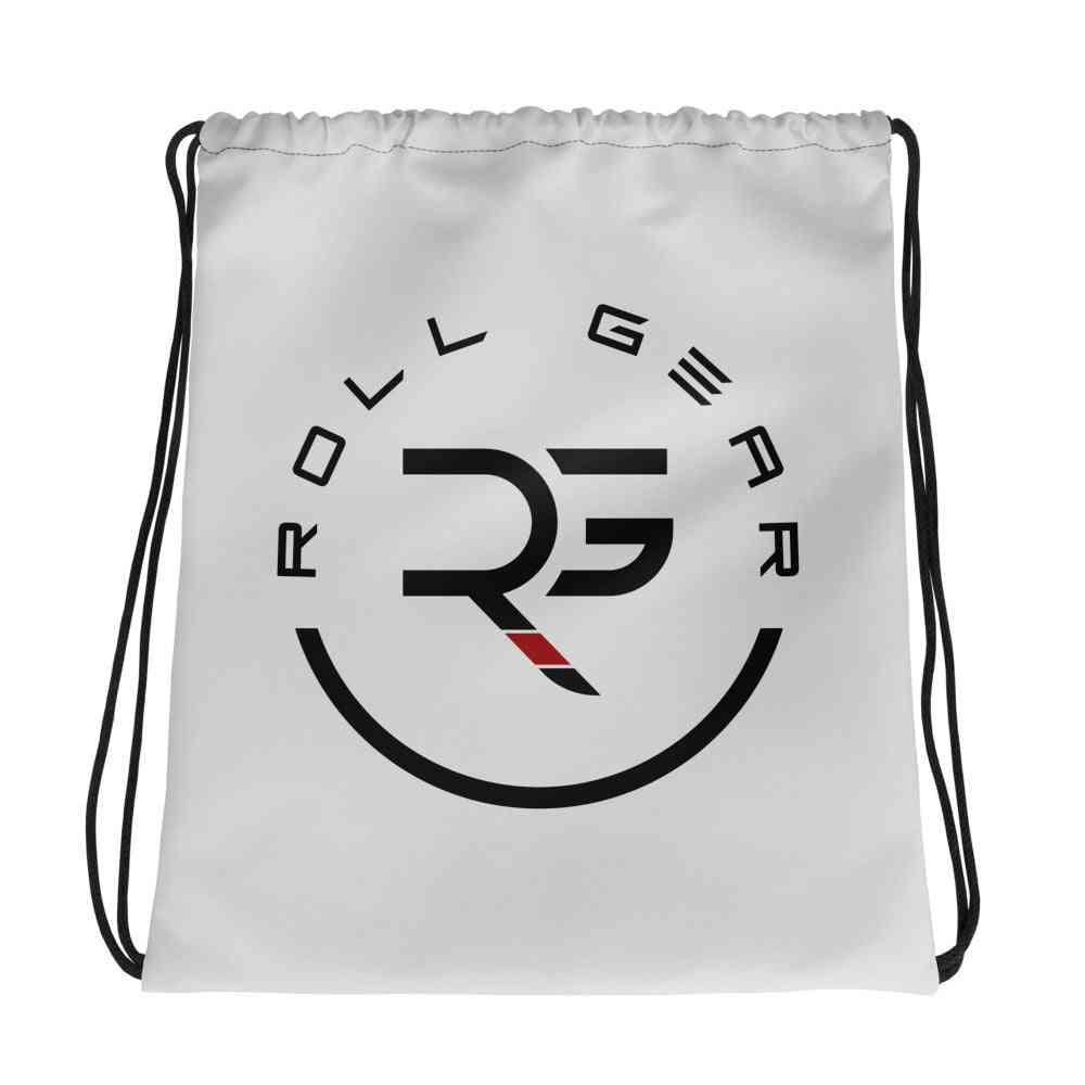 White drawstring bag with a black logo on a white background